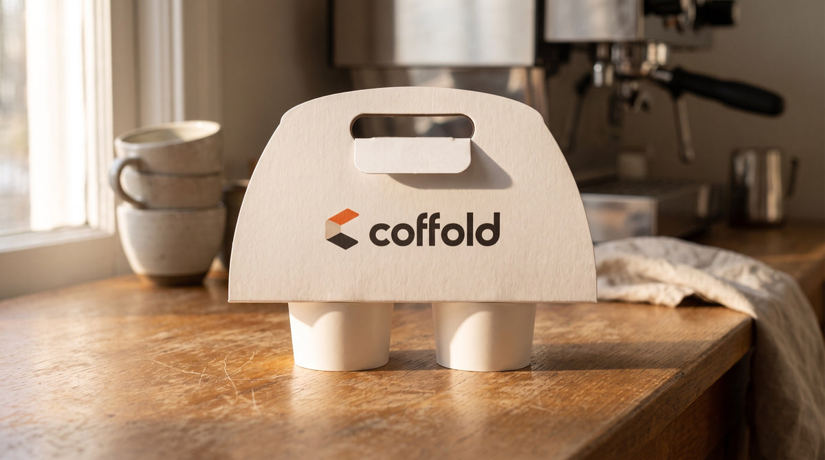 Coffold carrier on a wooden cafe counter beside an espresso machine, printed with the coffold logo